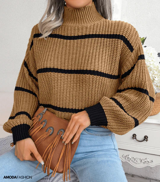 Striped turtleneck sweater with long sleeves, knitted