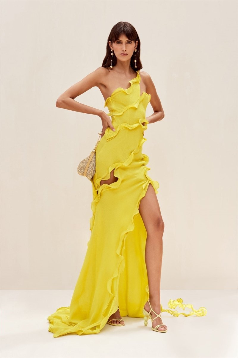 Gloria One Shoulder Ruffle Maxi Chiffon Dress