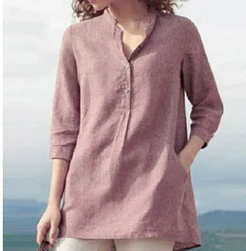 Claudia - plain, casual top made of linen cotton with stand-up collar for spring and autumn