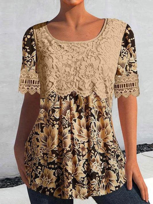 Short-sleeved Round Neck Lace Patchwork Pattern Top