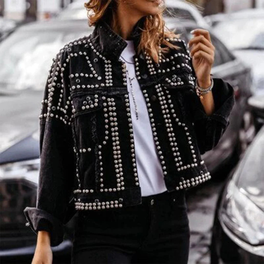 Stylish Retro Vegan Leather Jacket with Pearls for Women | Perfect for Casual Days