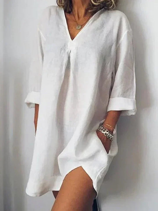 Casual linen dress – v-neck & half sleeves