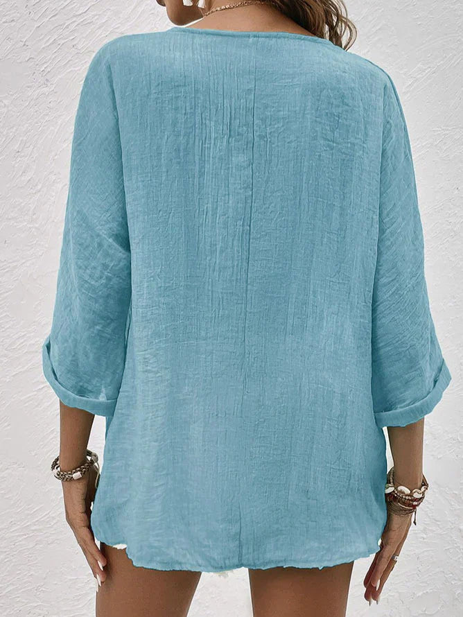 Clara - blue linen v-neck shirt