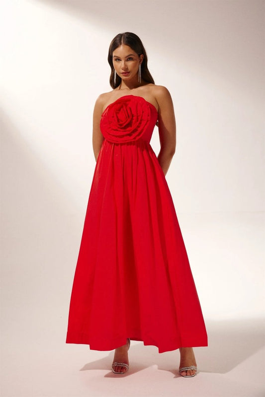 Sculpted Flower Strapless Maxi Dress