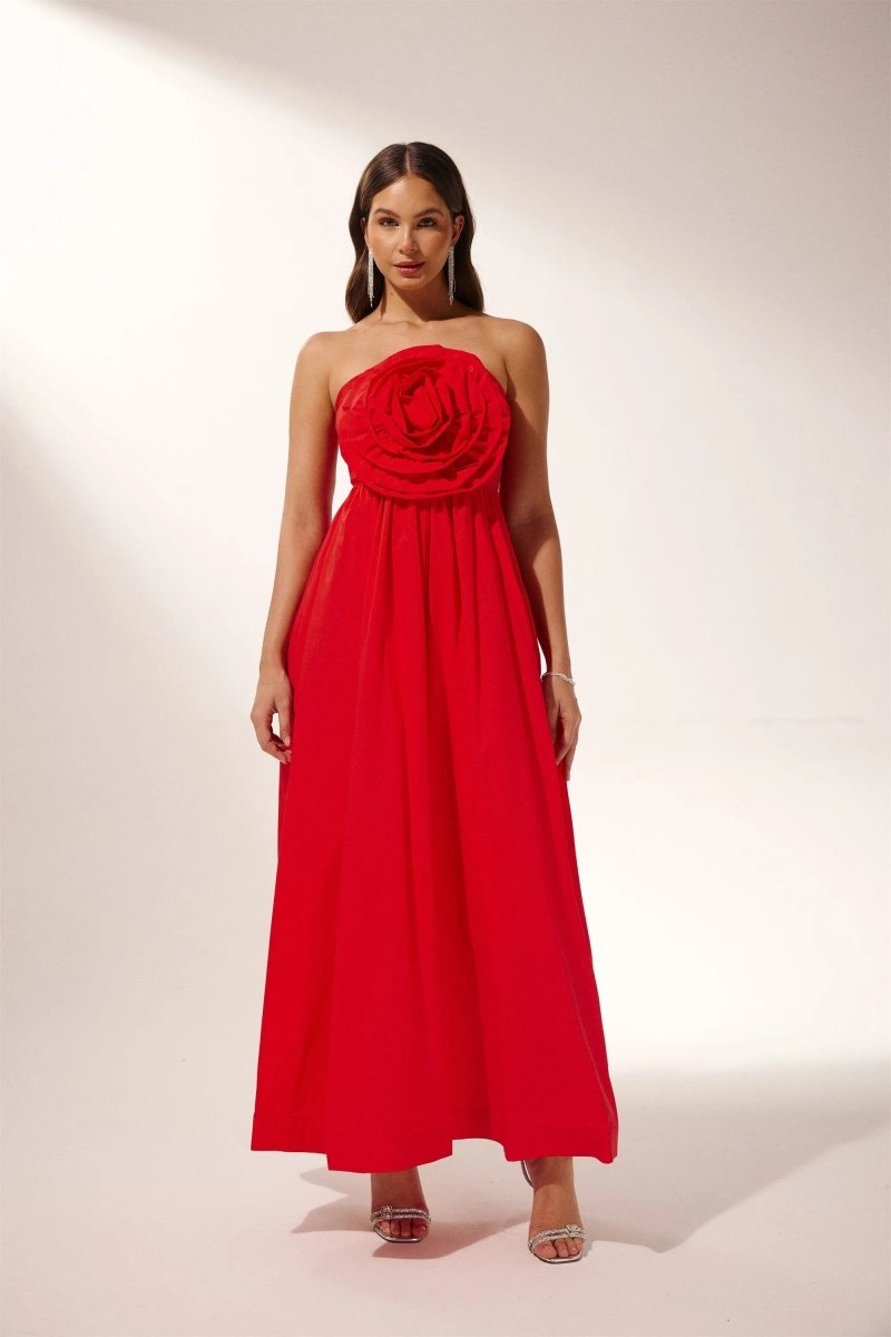 Sculpted Flower Strapless Maxi Dress