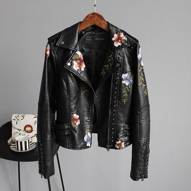 Vintage Vegan Leather Jacket with Flowers for Women | Eco-Friendly Materials