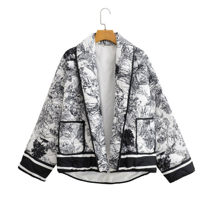 Vintage-Inspired Print Puffer Jacket – Bold and Cozy Outerwear